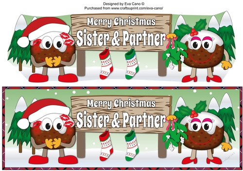 Crazy Christmas Pudding Couple with Mistletoe and big sign SISTER & PARTNER large dl