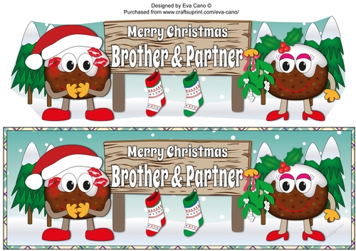 Crazy Christmas Pudding Couple with Mistletoe and big sign BROTHER & PARTNER large dl