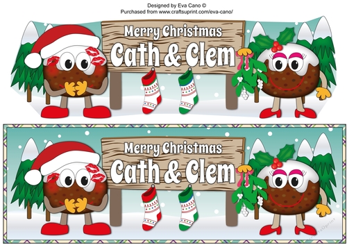 Crazy Christmas Pudding Couple with Mistletoe and big sign CATH & CLEM large dl