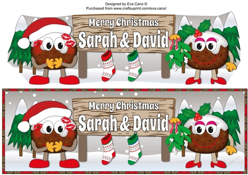 Crazy Christmas Pudding Couple with Mistletoe and big sign SARAH & DAVID large dl