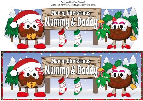 Crazy Christmas Pudding Couple with Mistletoe and big sign MUMMY & DADDY large dl