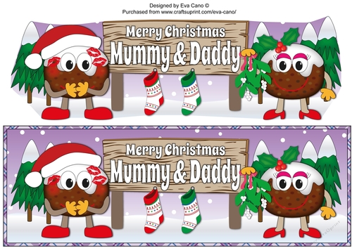 Crazy Christmas Pudding Couple with Mistletoe and big sign MUMMY & DADDY large dl 2
