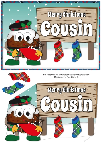Crazy Scottish Christmas Pudding with big sign COUSIN decoupage