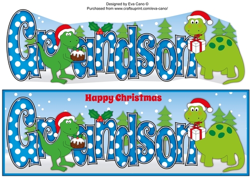 Christmas Dinosaurs with Christmas pudding and present GRANDSON large dl