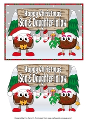 Crazy Christmas Pudding Couple with Mistletoe and sign SON & DAUGHTER IN LAW 5x7
