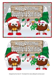 Crazy Christmas Pudding Couple with Mistletoe and sign DAUGHTER & SON IN LAW 5x7