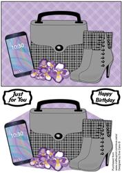 Plaid Handbag, Boots, Purple Flowers & Smartphone