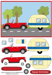 Red car and caravan decoupage