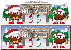 Crazy Christmas Pudding Couple with Mistletoe and big sign MUMMY & DADDY large dl