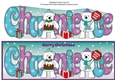 Monty Polar Bear and friend with Christmas pudding and sign CHANIECE large dl