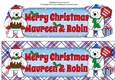 Monty Polar Bear and friend with Christmas pudding and sign MAUREEN & ROBIN large dl