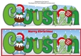 Christmas Dinosaurs with Christmas pudding and sign COUSIN large dl 2