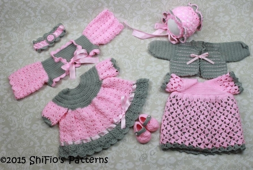 CROCHET PATTERN - Baby Dresses x 2 , Shrug, Cardigan, Bonnet, Headband, Shoes 0-3mths, UK & USA Terms PDF #25