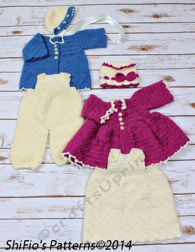 CROCHET PATTERN - Winter Matinee Jacket, Baby Dress, 2 Jackets, Dungarees, 2 Hats UK & USA Terms PDF #35
