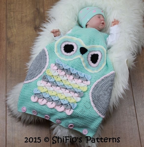 CROCHET PATTERN - CP327 - baby owl sleeping bag - 0-3mths, 3-6mths, 6-9mths - UK & USA Terms - PDF