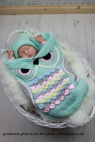 CROCHET PATTERN - CP245 - baby owl cocoon - preemie, 0 – 3 mths, 3 –6 mths - UK & USA Terms - PDF