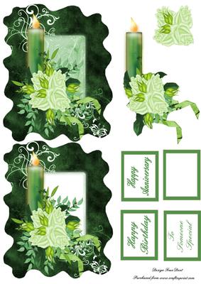 Green Roses and Candle in a Frame