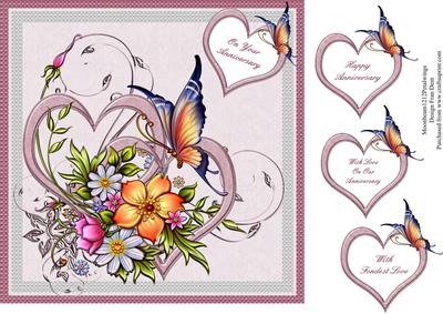 Two Floral Hearts and a Butterfly 8x8 Topper