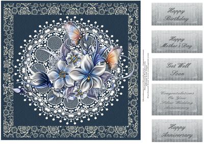 Silver and Blue with Butterflies and Lace 8x8 Topper