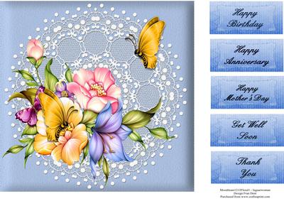 Rainbow Flowers, Butteflies and Lace 8x8 Topper