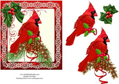 Red Cardinal Bird with Pine Cones and Holly