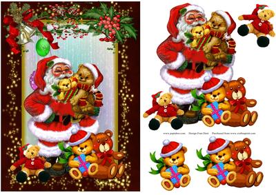 Santa in His Teddy Bear Workshop with Decoupage