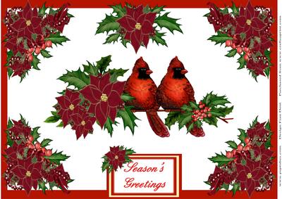 Poinsettias, Holly and Red Cardinal Birds