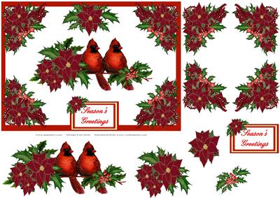 Poinsettias, Holly and Red Cardinal Birds with Decoupage