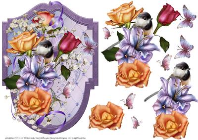 Chickadees and Roses Shield with Decoupage