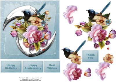 Blue Wren and Roses Reflected in Silver