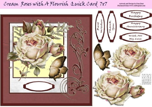 Cream Roses With A Flourish Quick Card 7x7