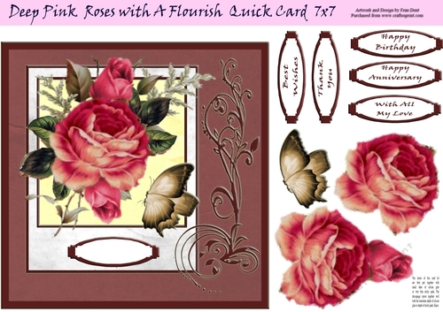Deep Pink Roses With A Flourish Quick Card 7x7