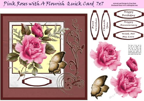 Pink Roses With A Flourish Quick Card 7x7