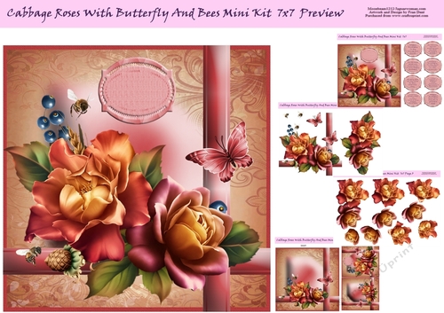 Cabbage RosesWith Butterfly And Bees Mini Kit 7x7