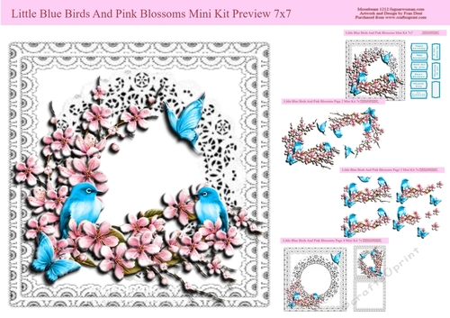 Little Blue Birds And Pink Blossoms Mini Kit 7x7