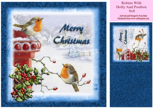 Robins With Holly And Postbox 8x8