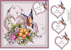 Two Floral Hearts and a Butterfly 8x8 Topper