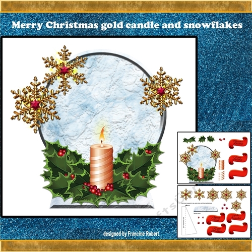 Merry Christmas gold candle and snowflakes