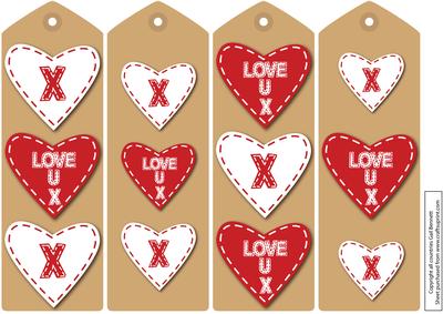 4 Valentine Stitched Heart Brown & Red Bookmarks / Toppers