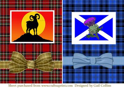 Two Tartans Blue and One Red. Each with an Image On.