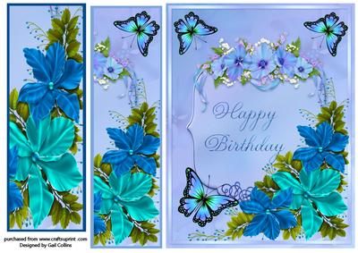 Blue Floral Birthday x 2 Bookmarks