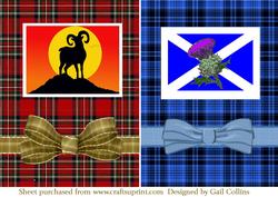 Two Tartans Blue and One Red. Each with an Image On.