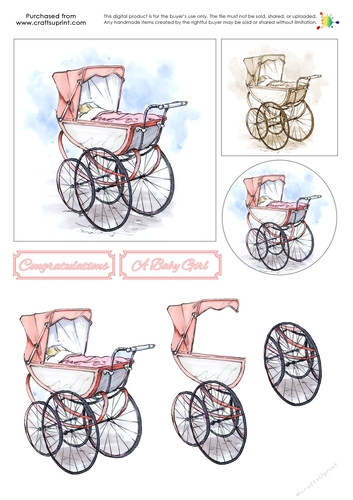 New Baby Decoupage - Vintage Pram - Pink