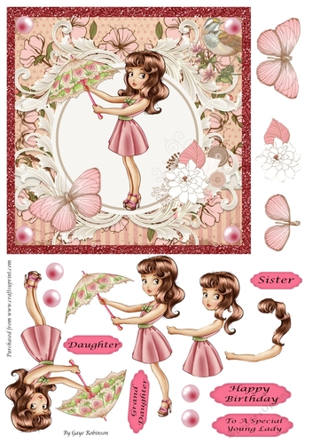 Girl with parasol in pink floral frame