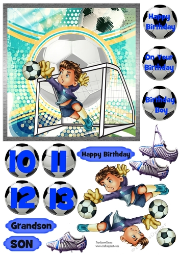 Goalie in blue Football card ages 10-13