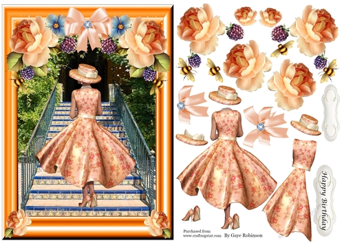 Lady in Peach dress on stairs Single sheet