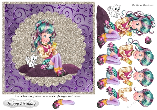 Girl texting on purple cushion single sheet