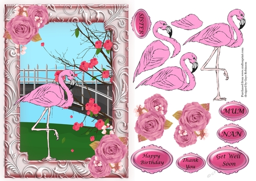 Flamingo in Frame with roses - various sentiments