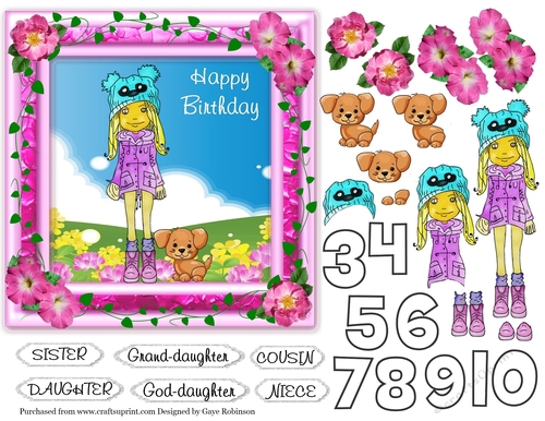 Pink frame, Ivy, Roses, Cartoon Girl, Dog