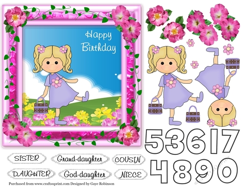Pink frame, Ivy, Roses, Cartoon Girl in lilac